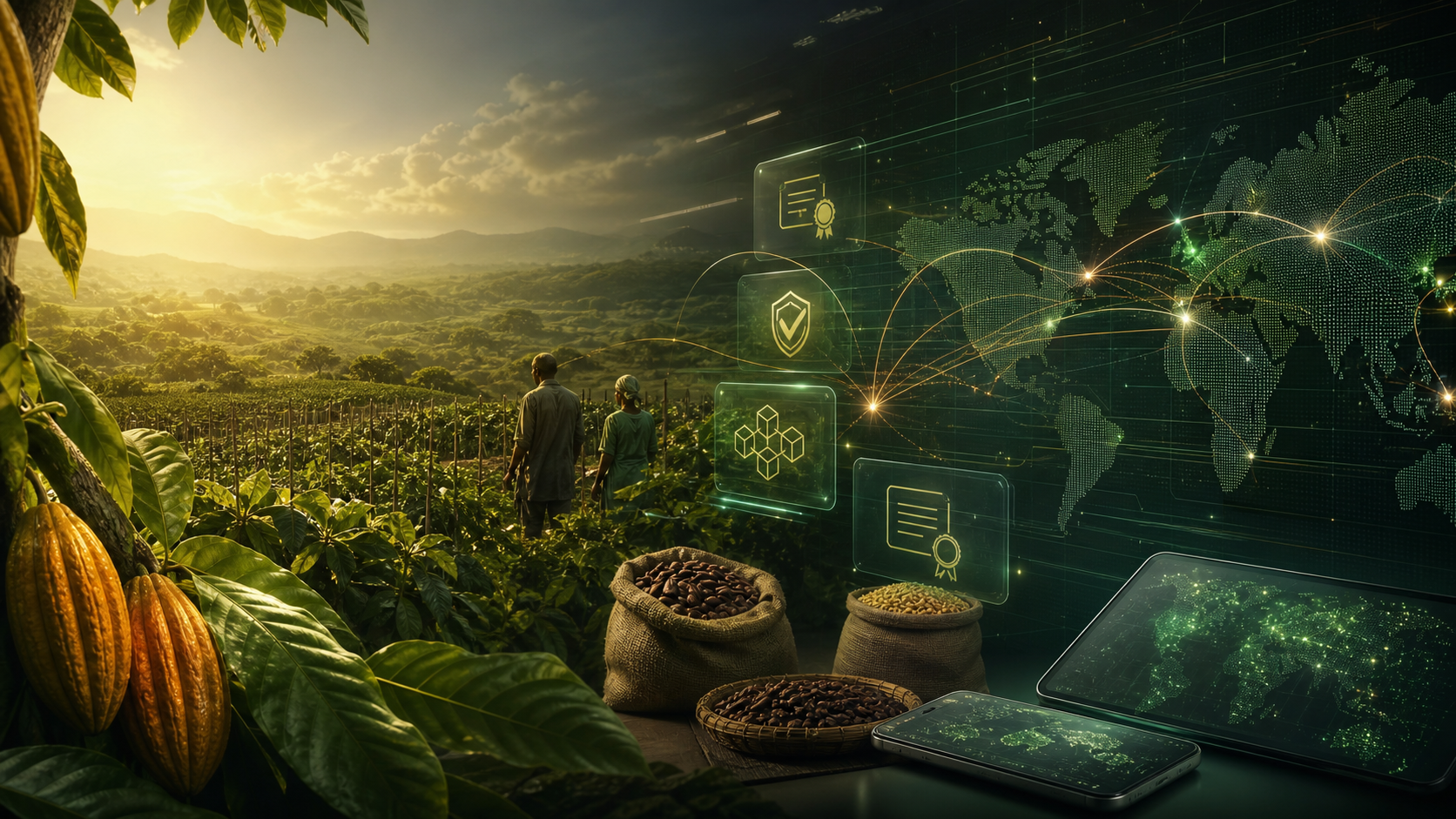 Digital agricultural trade infrastructure over a cocoa farm landscape